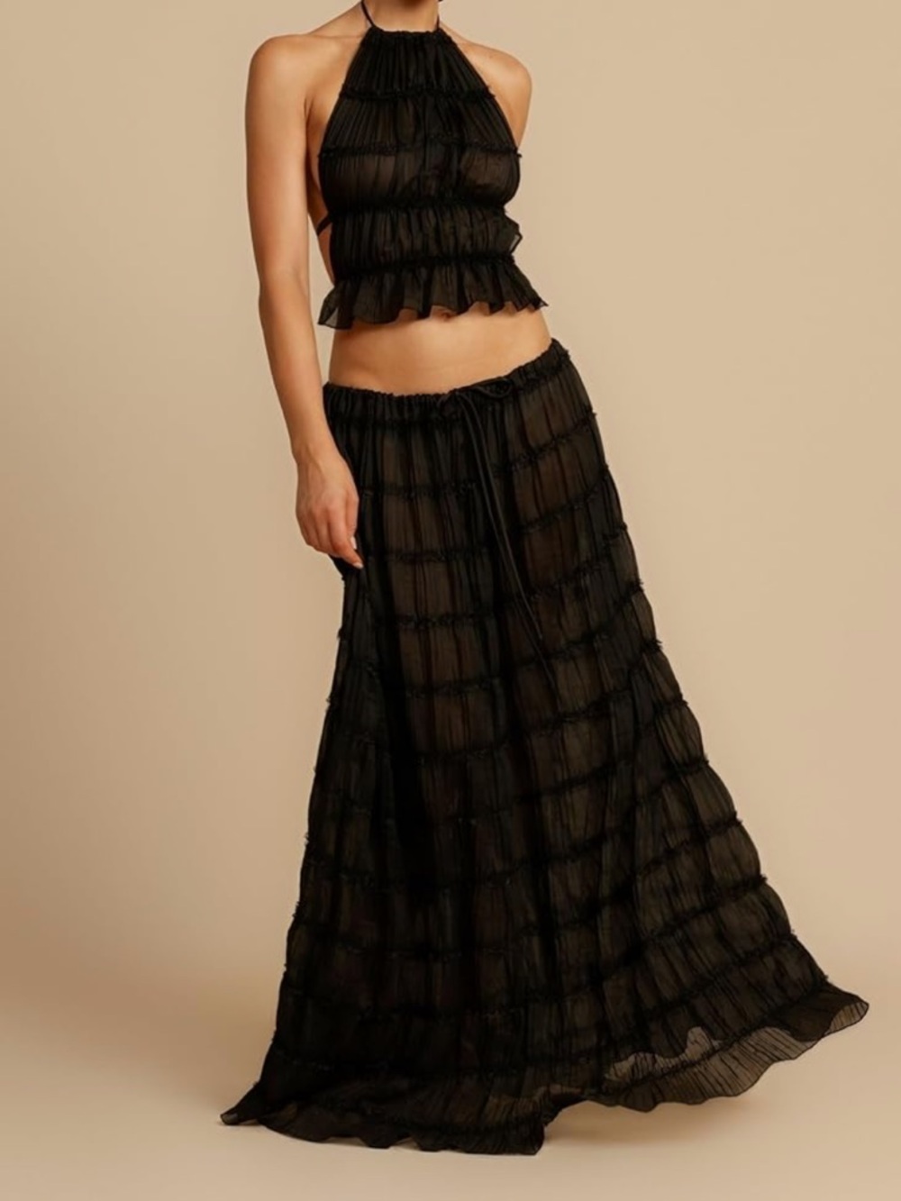 Black Sheer Tiered Maxi Skirt